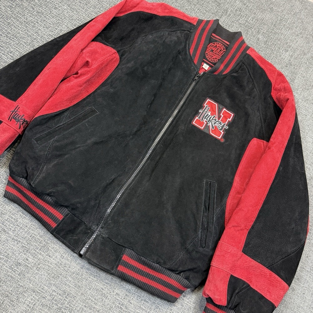 Nebraska CornHuskers Jacket Mens XL Red Black Learher Suede Zip NCAA Vintage
